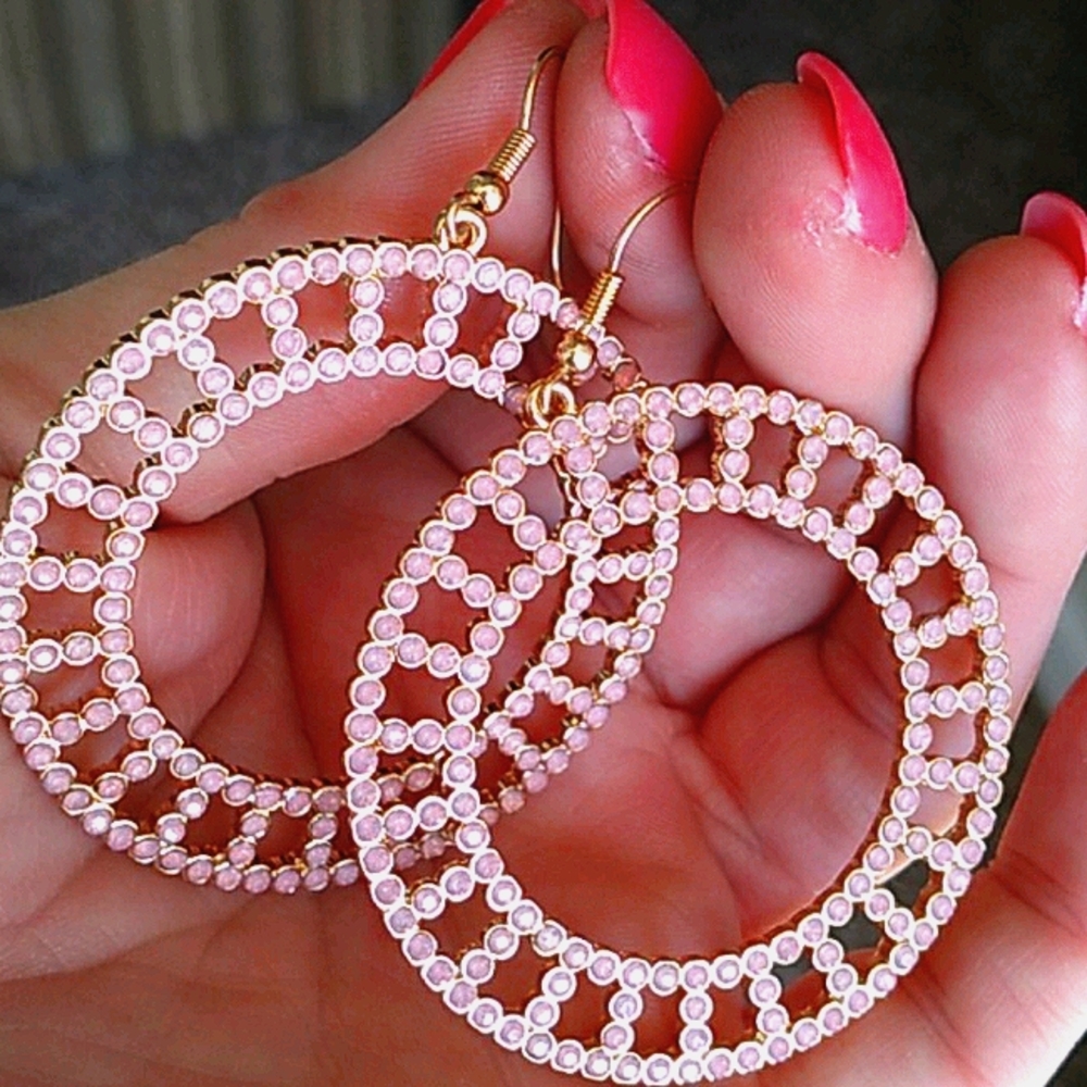 Pink diamond chip earrings gold plated French hook